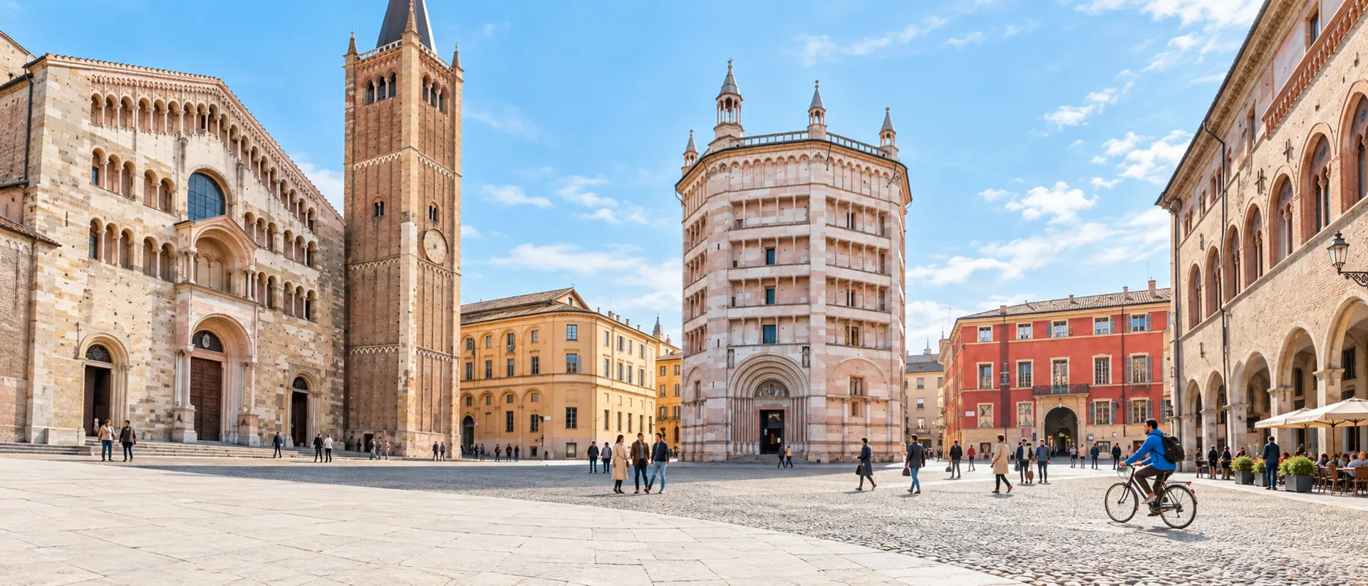 Piazza Duomo a Parma con il Duomo, il campanile e il Battistero in una giornata di sole