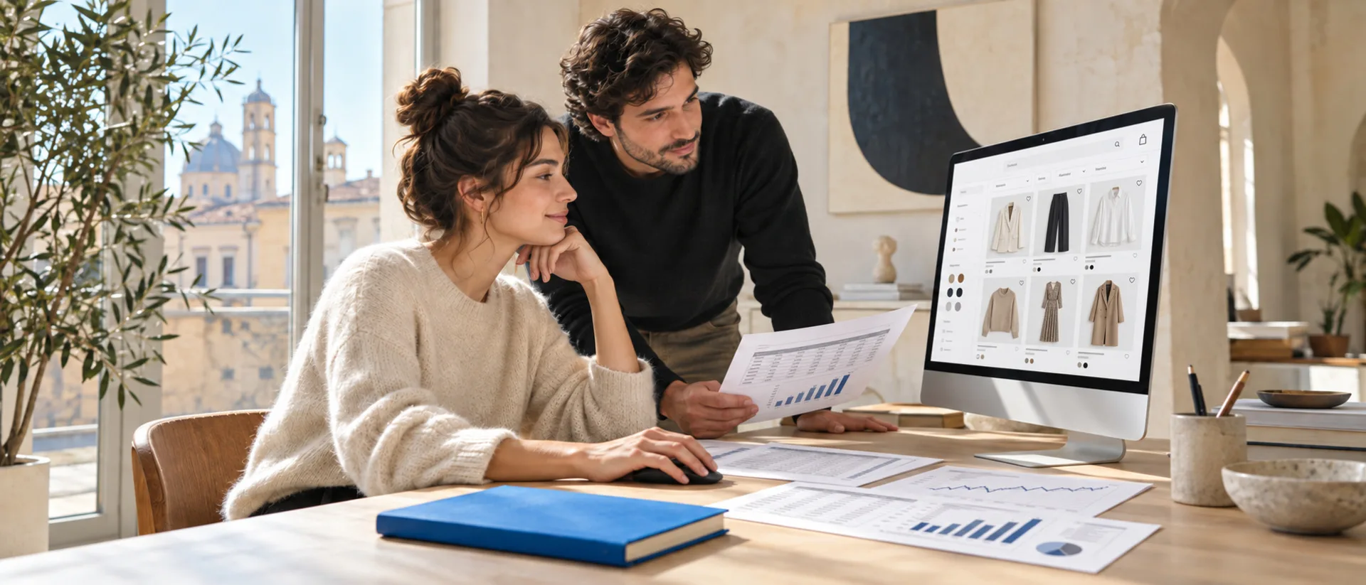 Due persone dello studio rivedono il progetto di un sito sul monitor, con le bozze stampate sul tavolo