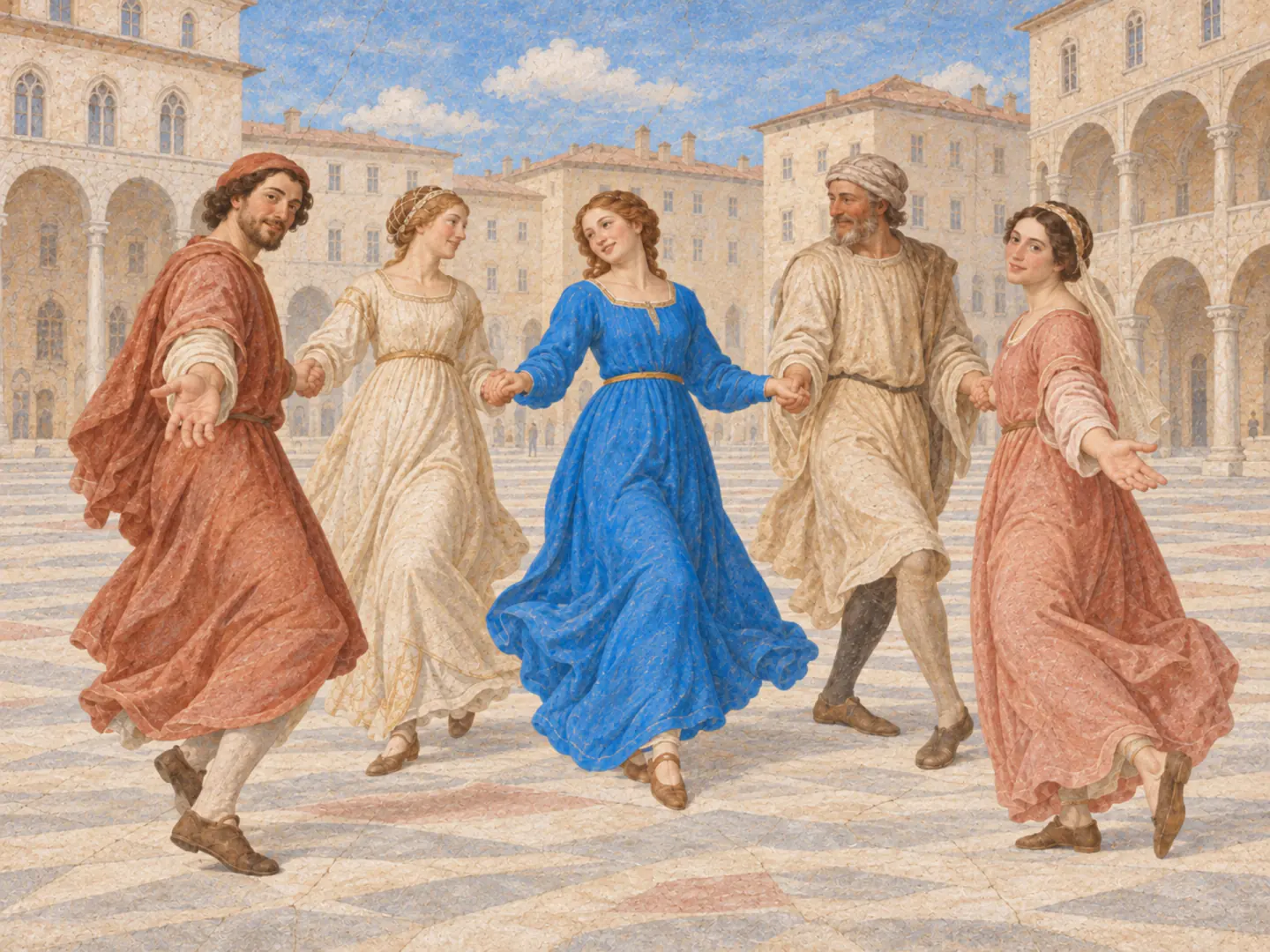 Un affresco chiaro: cinque persone danzano in cerchio tenendosi per mano in una piazza porticata