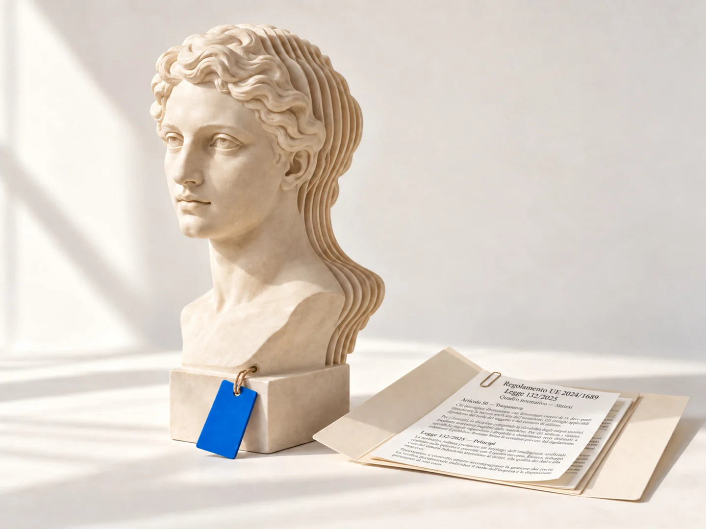Busto classico in marmo che si moltiplica in copie generate, con un cartellino blu e un fascicolo di documenti