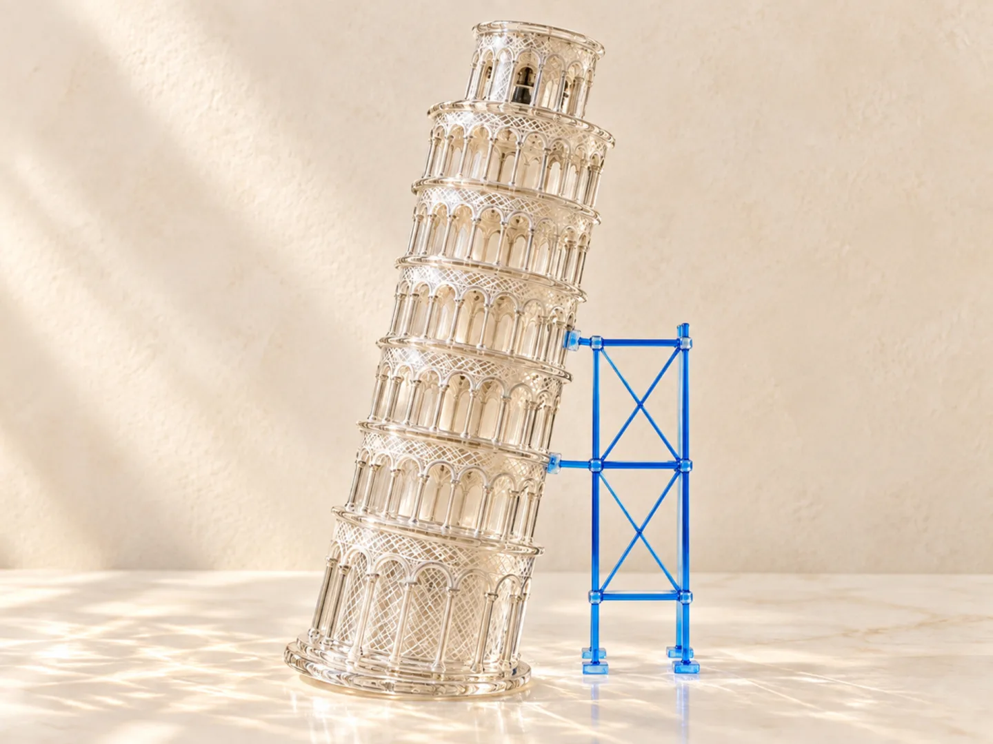 Una torre di Pisa in vetro lavorato, inclinata, sorretta da un'impalcatura azzurra fissata con precisione