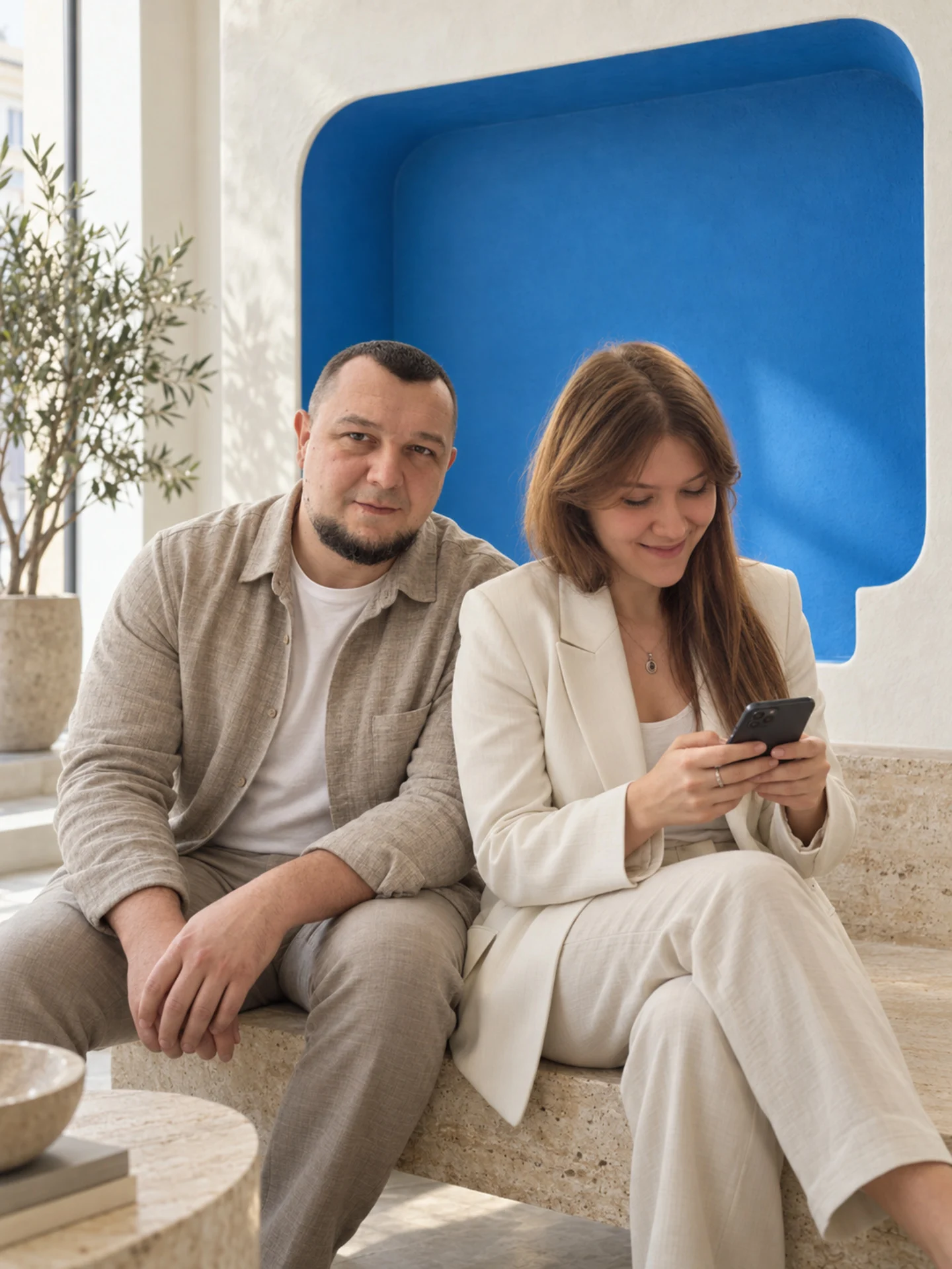 Oleksandr e Mariia nello studio di Parma, seduti davanti alla nicchia blu