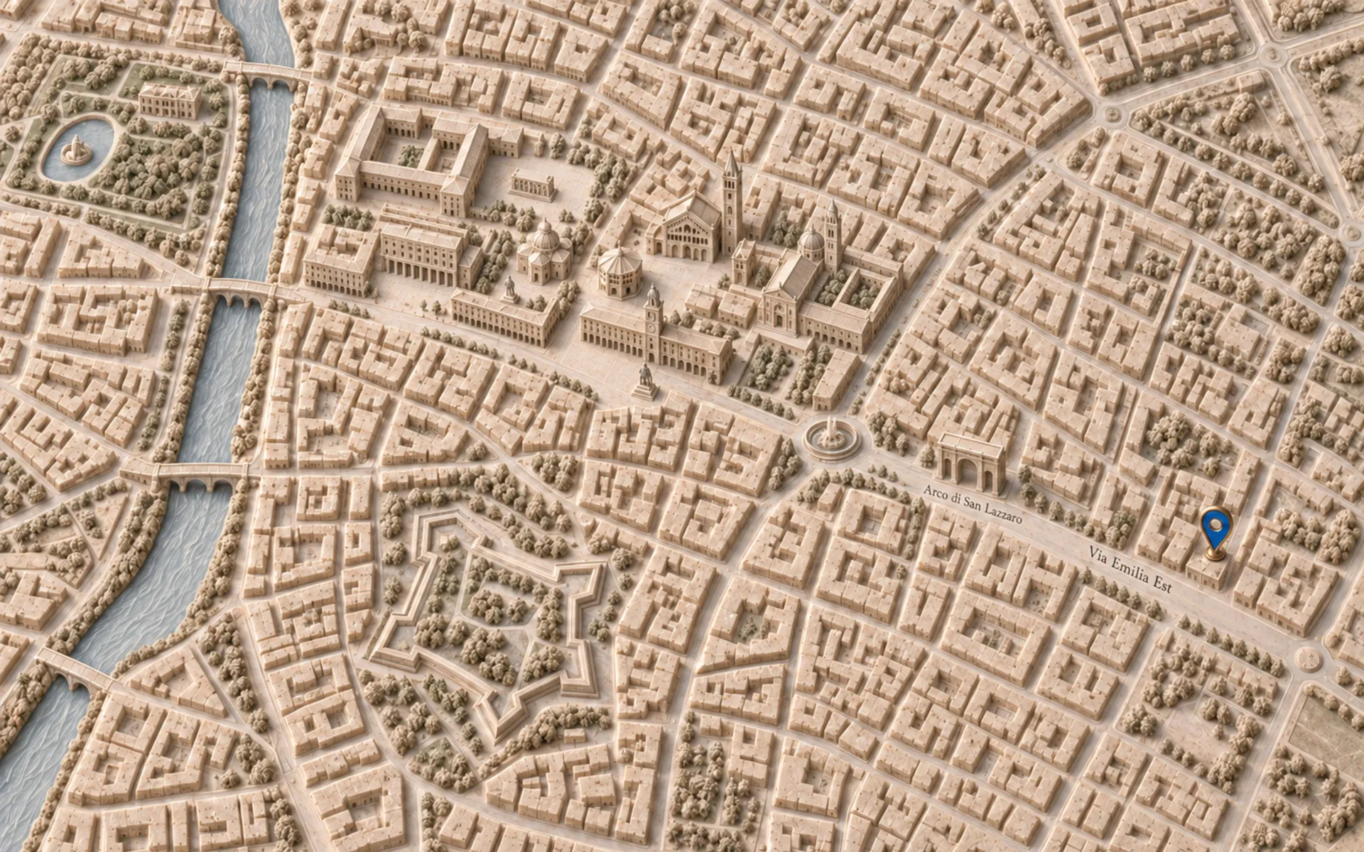 Mappa in pietra del quartiere con il segnaposto blu sulla Via Emilia Est
