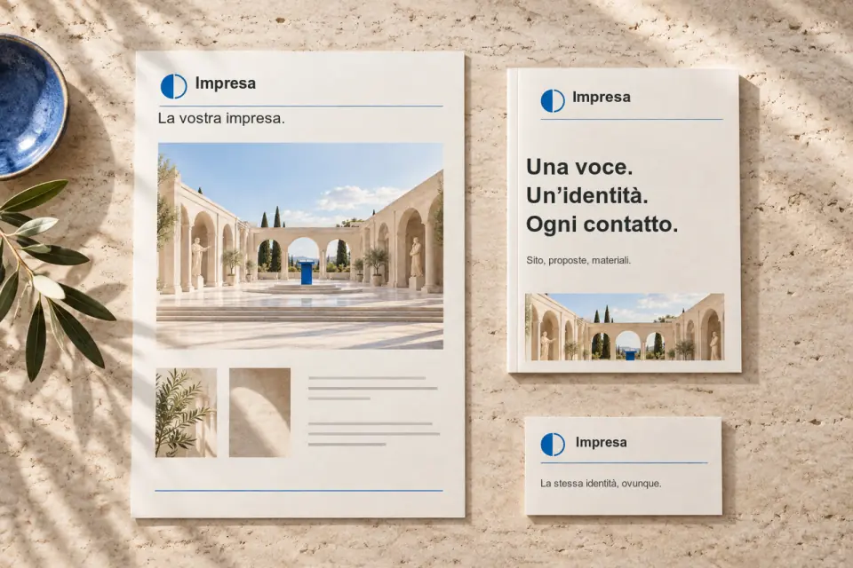 Materiali di un'impresa con lo stesso marchio: sito, proposta e biglietto da visita