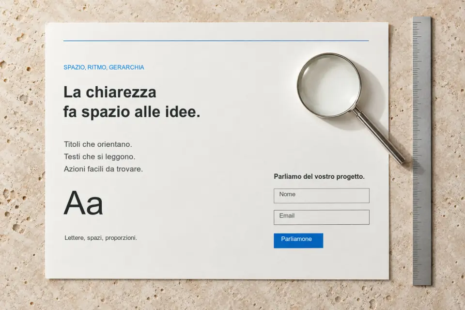 Una pagina con lente e righello: titoli, testi e azioni misurati