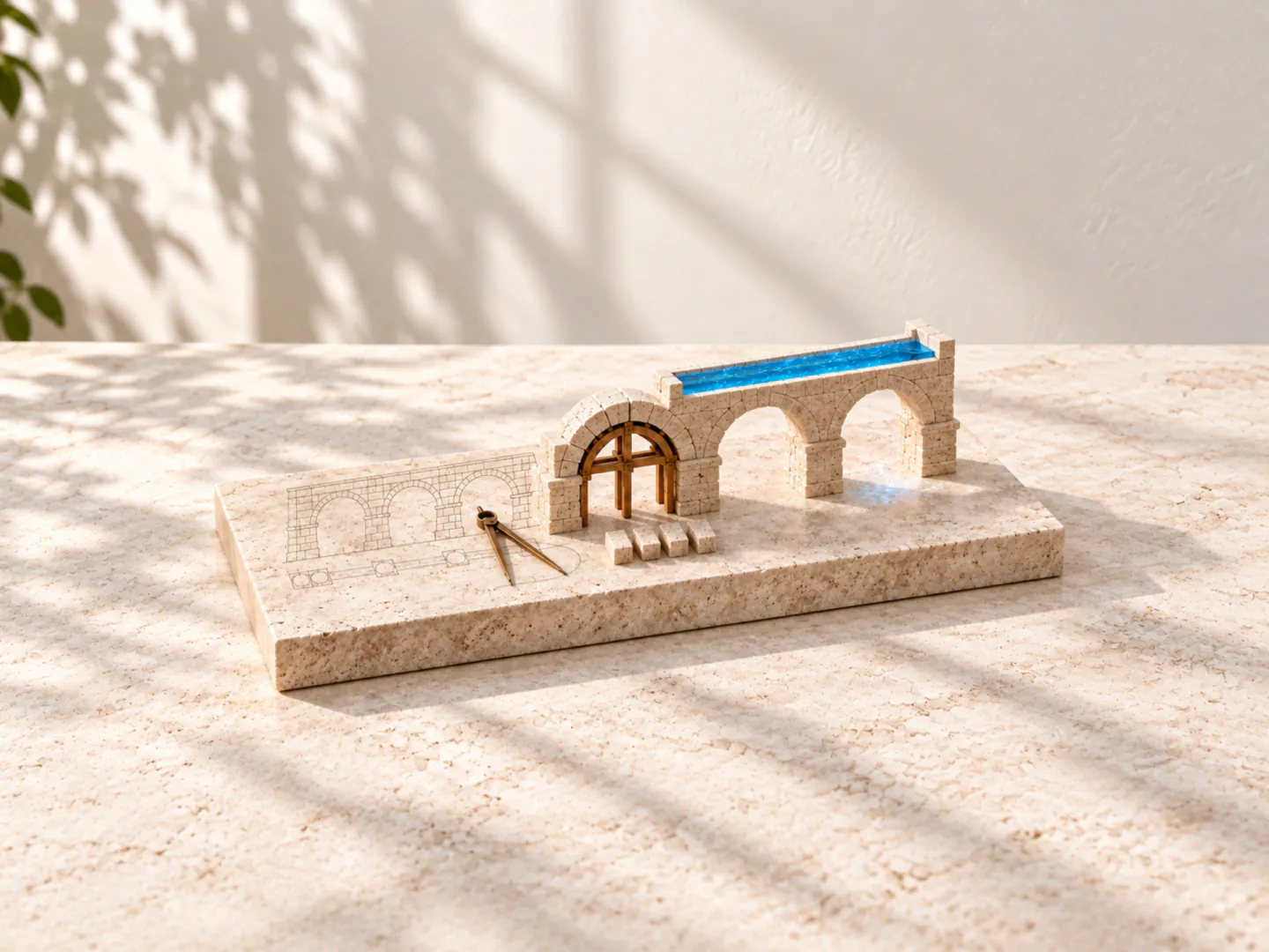 Un piccolo acquedotto in blocchi di travertino con l'acqua blu, una centina di legno, un compasso e il disegno tecnico inciso sulla pietra