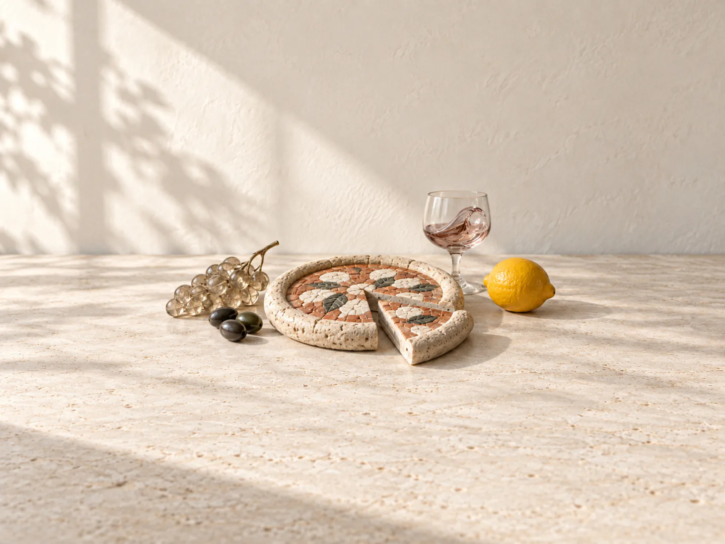 Una pizza scolpita nel travertino con mosaico, accanto a uva di vetro, olive di pietra, un limone e un calice