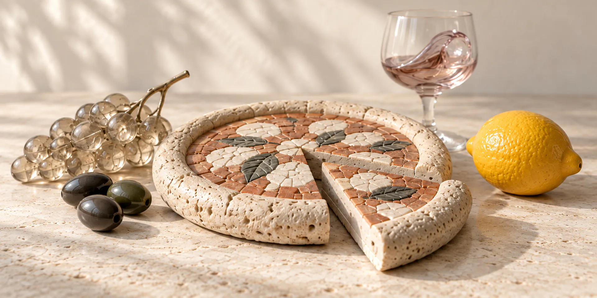 Una pizza di travertino con mosaico, uva di vetro, olive di pietra, un limone e un calice di vino rosato