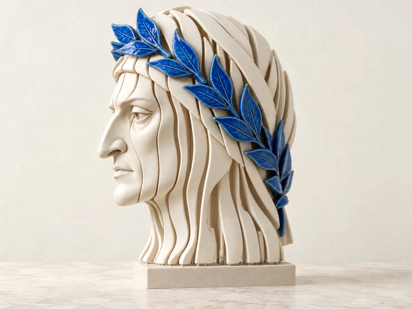 Un profilo scolpito in ceramica chiara, con una corona d'alloro in foglie blu smaltate