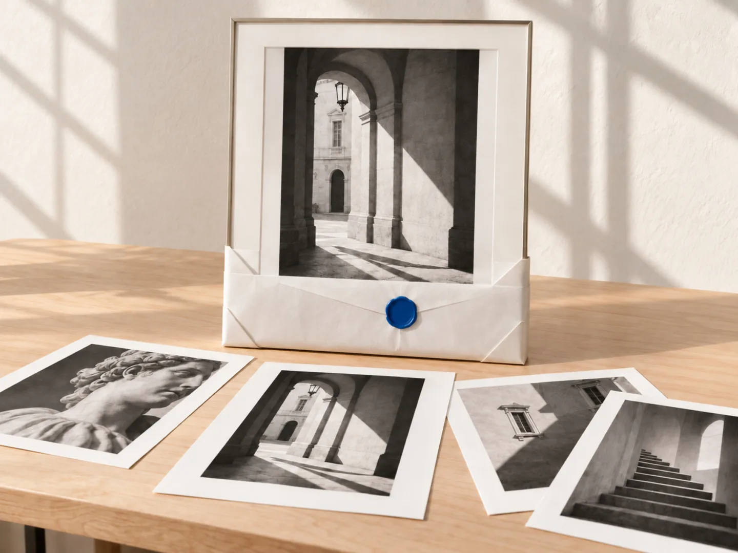 Stampe fotografiche in bianco e nero di portici e statue su un tavolo, con una stampa incorniciata e un sigillo di ceralacca blu