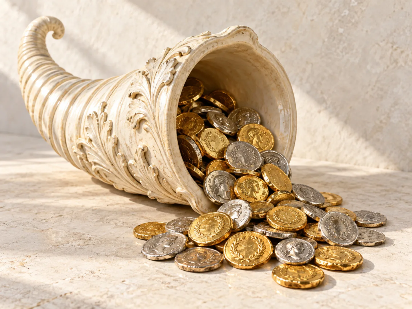 Una cornucopia di marmo chiaro da cui escono monete d'oro e d'argento su un piano di pietra