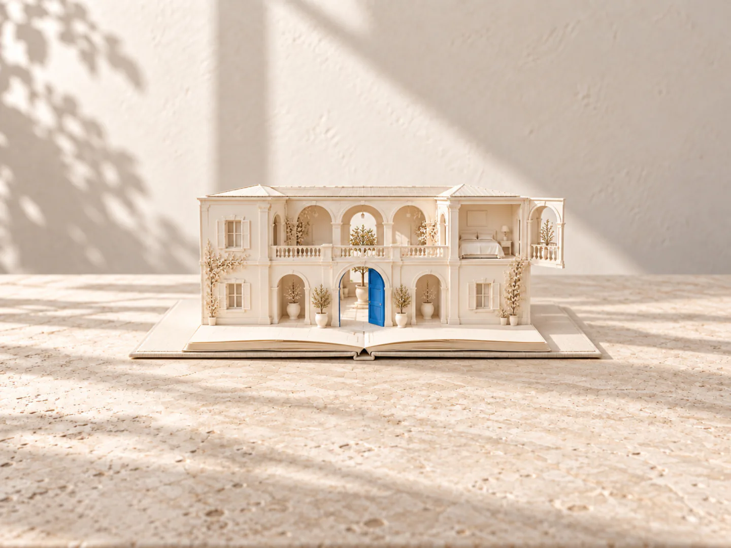 Un libro pop-up aperto: una villa italiana in carta chiara con logge, balconi e un portone blu spalancato