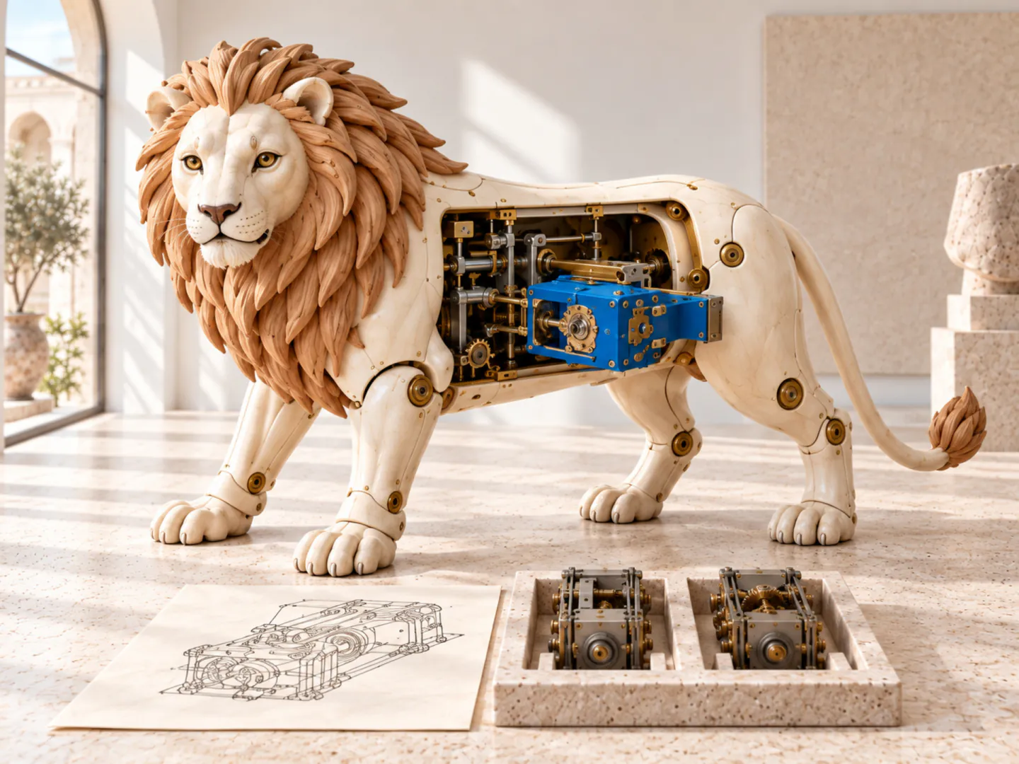 Un leone meccanico in legno chiaro con il fianco aperto sugli ingranaggi e un gruppo blu, accanto al disegno tecnico e a due moduli di ricambio