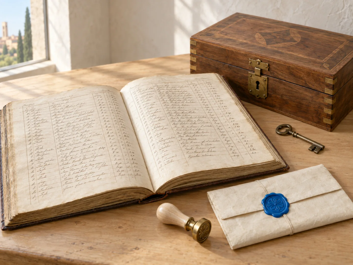 Scrivania rinascimentale con un registro aperto, un sigillo di cera e una cassetta chiusa a chiave, accanto a un cartellino blu
