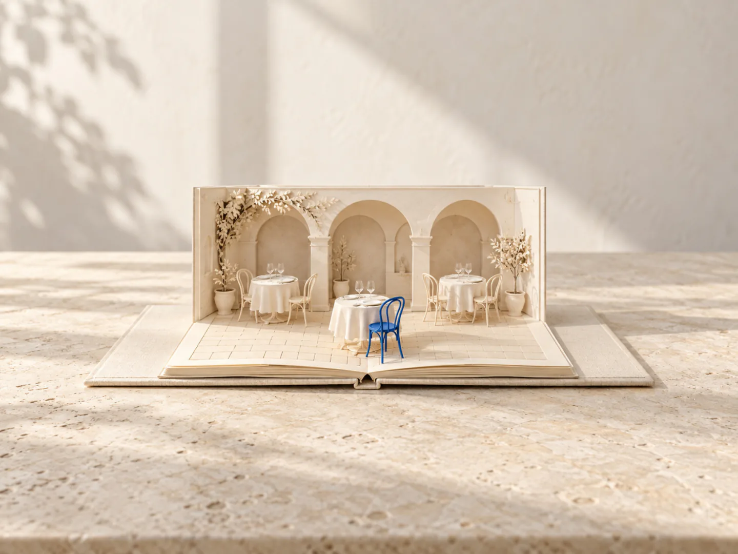 Un libro pop-up aperto: una terrazza di ristorante in carta chiara con tavoli apparecchiati e una sedia blu