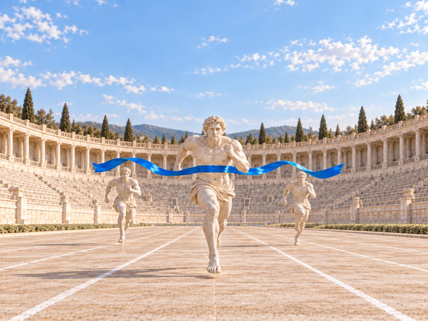 Un atleta di marmo taglia per primo il nastro blu del traguardo in uno stadio classico