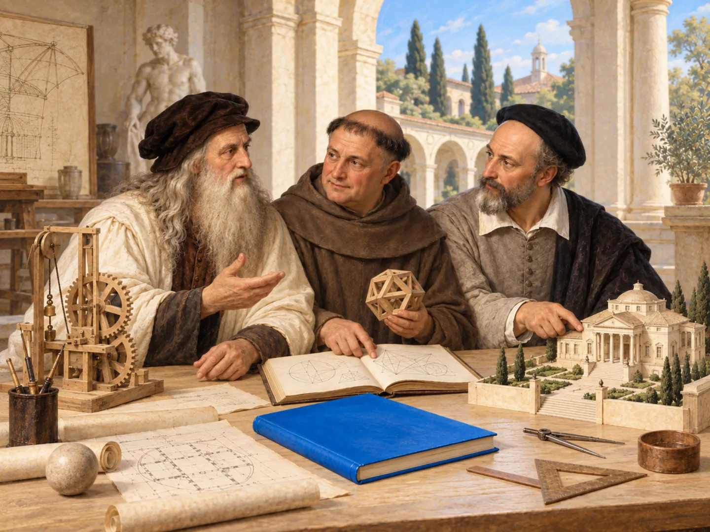 Tre maestri del Rinascimento a un tavolo di lavoro con un meccanismo a ingranaggi, un solido geometrico e il modello di una villa, un libro blu al centro