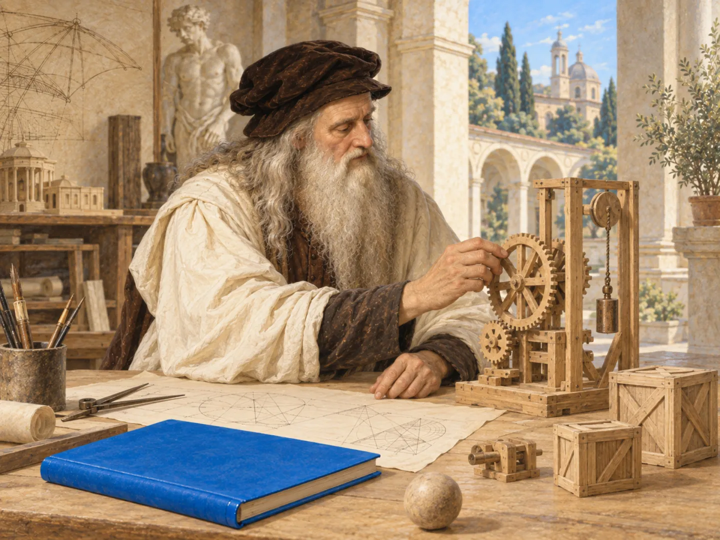 Un inventore del Rinascimento regola un meccanismo a ingranaggi in legno, accanto a casse da spedizione e a un libro blu
