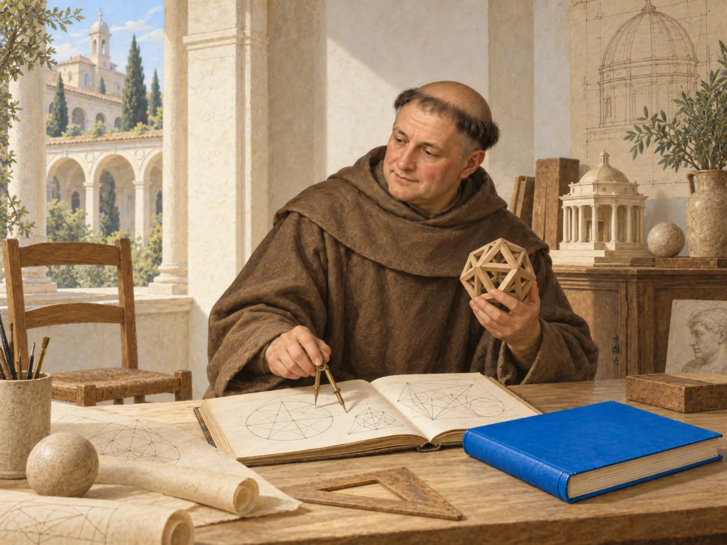 Un matematico del Rinascimento traccia figure con il compasso e tiene in mano un solido geometrico in legno, accanto a un libro blu