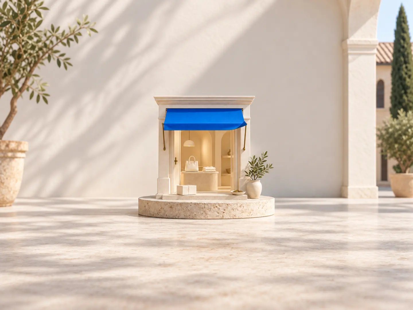 Una piccola boutique di pietra con tenda blu, pronta ad aprire su una base rotonda