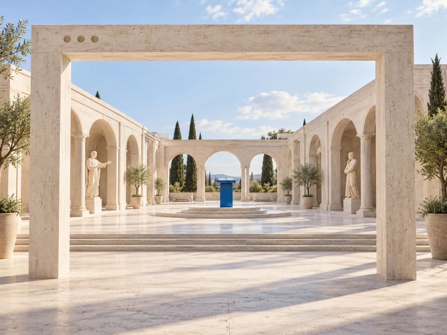 Un portale di travertino inquadra un cortile con statue e un leggio blu: la struttura di una pagina costruita in pietra