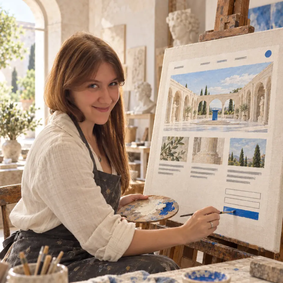 Una pittrice completa a mano il layout di una pagina su tela, con l'ultimo tratto di colore blu