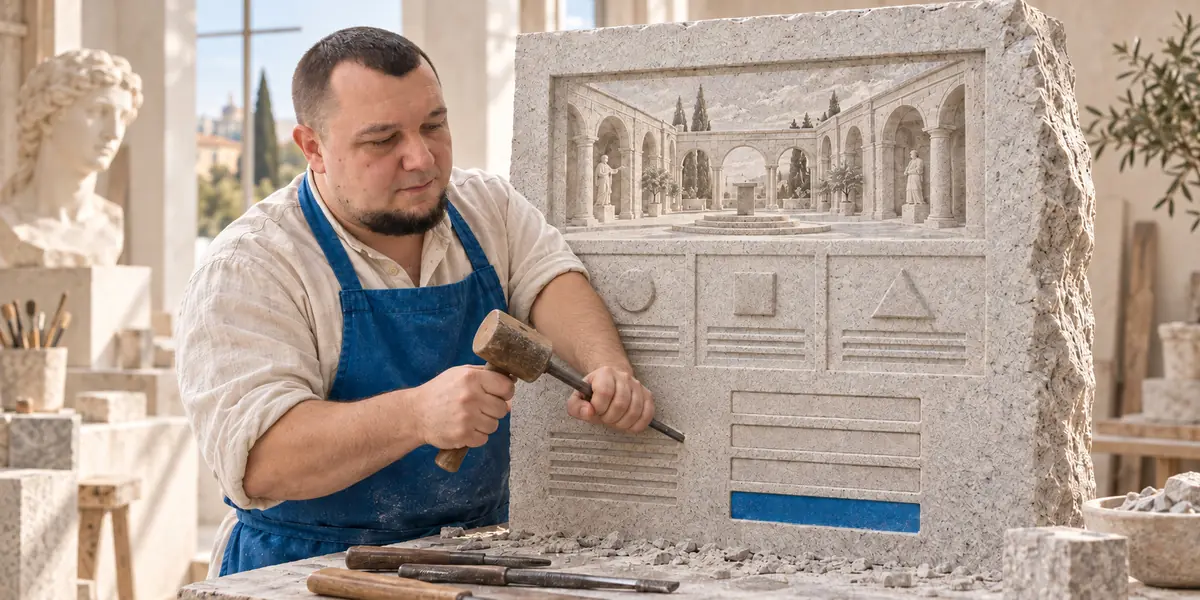 Uno scultore incide nella pietra la struttura di una pagina: intestazione, blocchi di testo e un pulsante blu