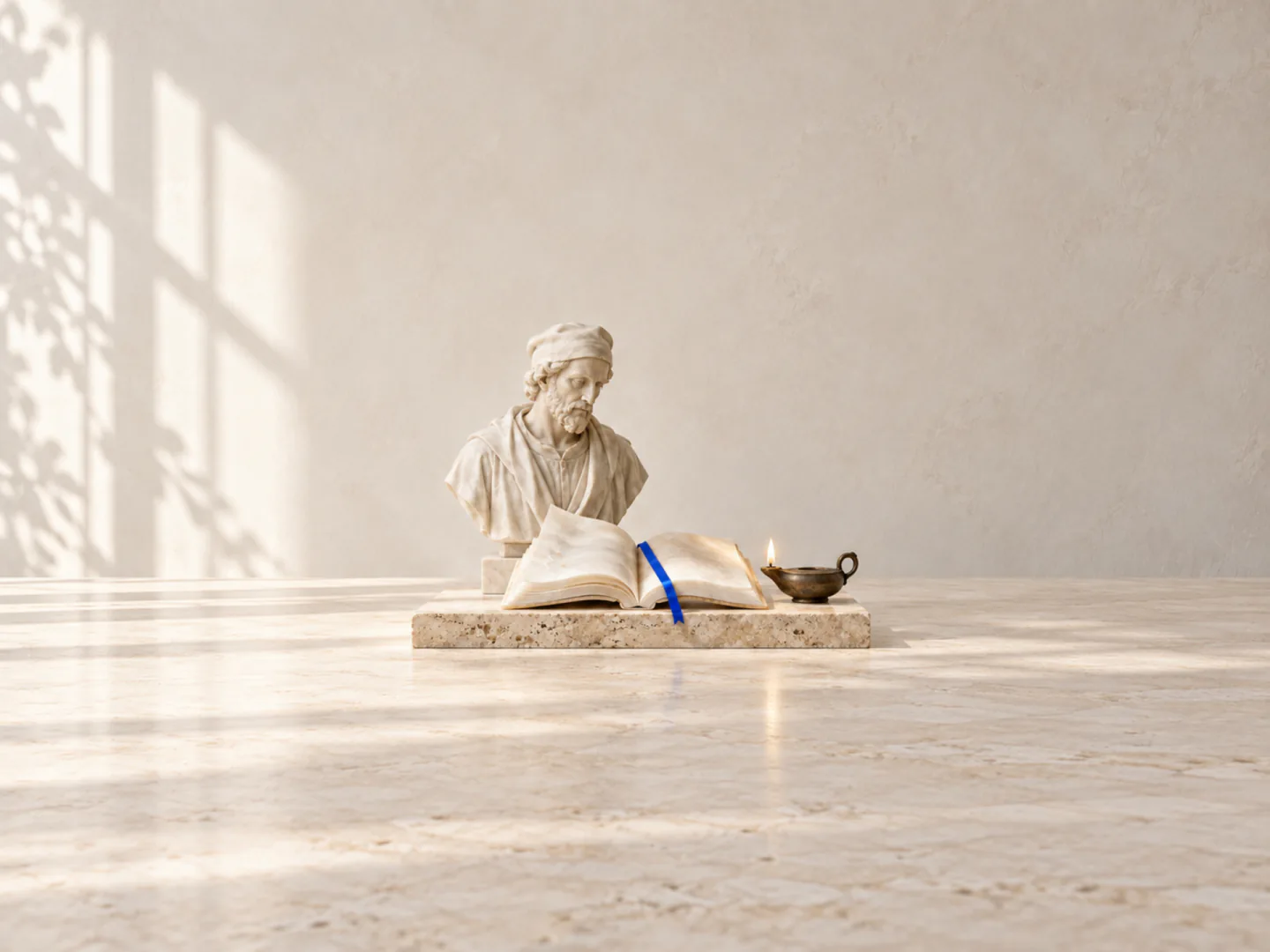 Un busto in marmo accanto a un libro di pietra aperto, con un segnalibro blu e una lucerna accesa