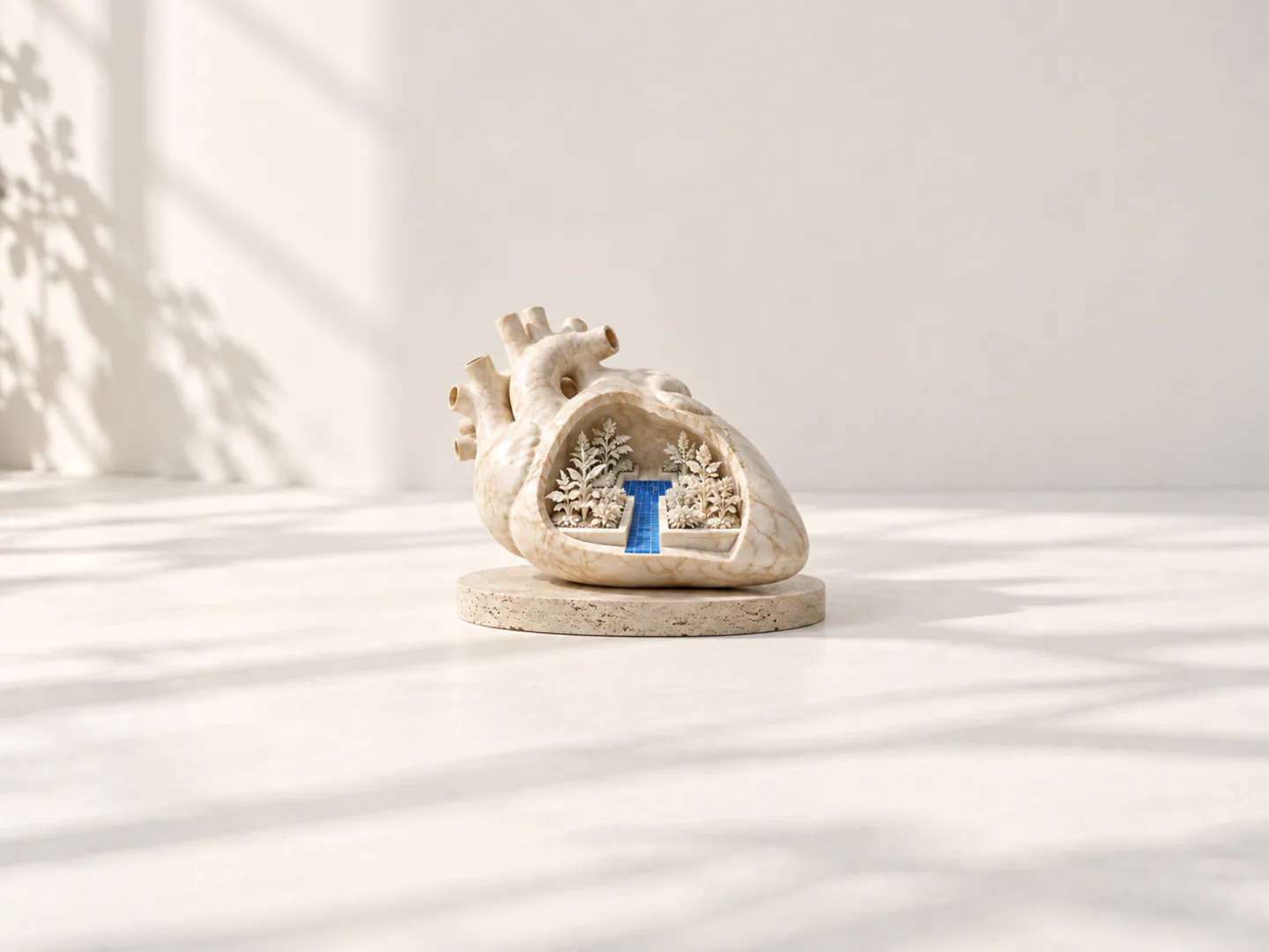 Un cuore scolpito nel marmo, aperto su un giardino di pietra con un canale d'acqua blu