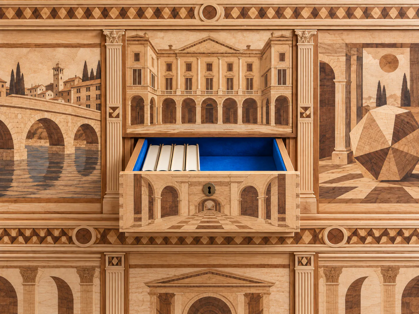 Un mobile intarsiato con vedute di architettura e un cassetto foderato di blu che custodisce dei fascicoli